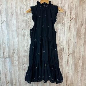 MIRTH Womens Midi Ruffled Lined Dress Cap Sleeve Neck Tie Geometric Black Medium